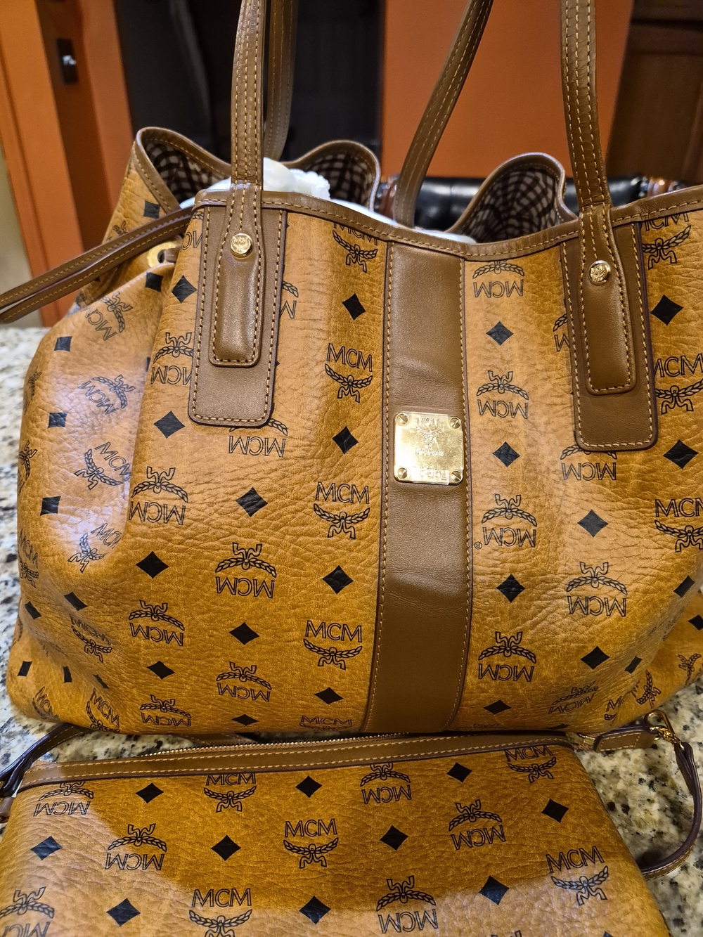 MCM Cognac Visetos Logo Tote with Matching Pouch - Picture 6 of 8